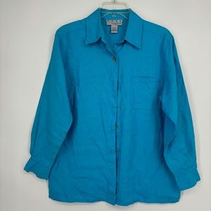 Real Comfort Womens Small Button Front Big Shirt Tunic Turquoise Blue 100% Linen
